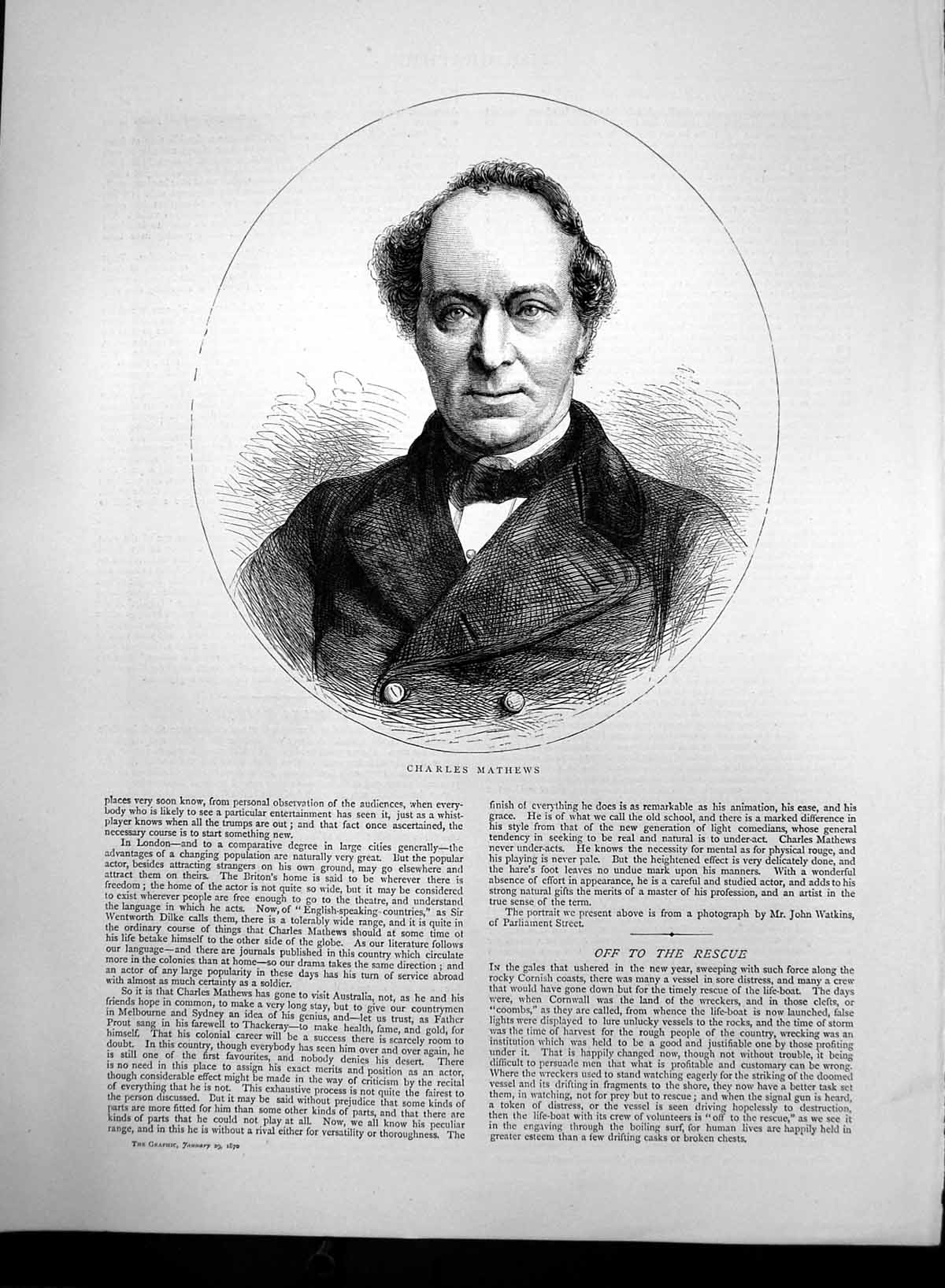Original Old Antique Print Portrait Charles Mathews Favourite Comedian 1870