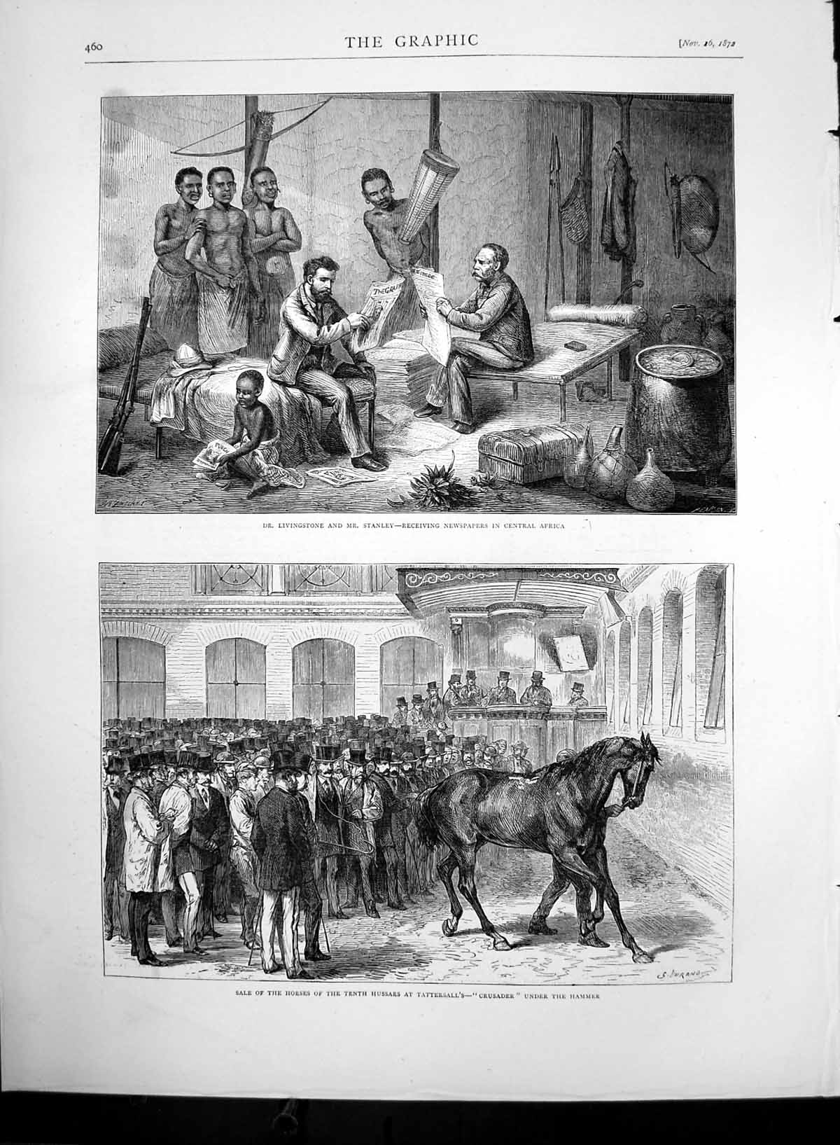 Original Old Antique Print Dr Livingstone Stanley Horse Sale Tenth Hussars 1872