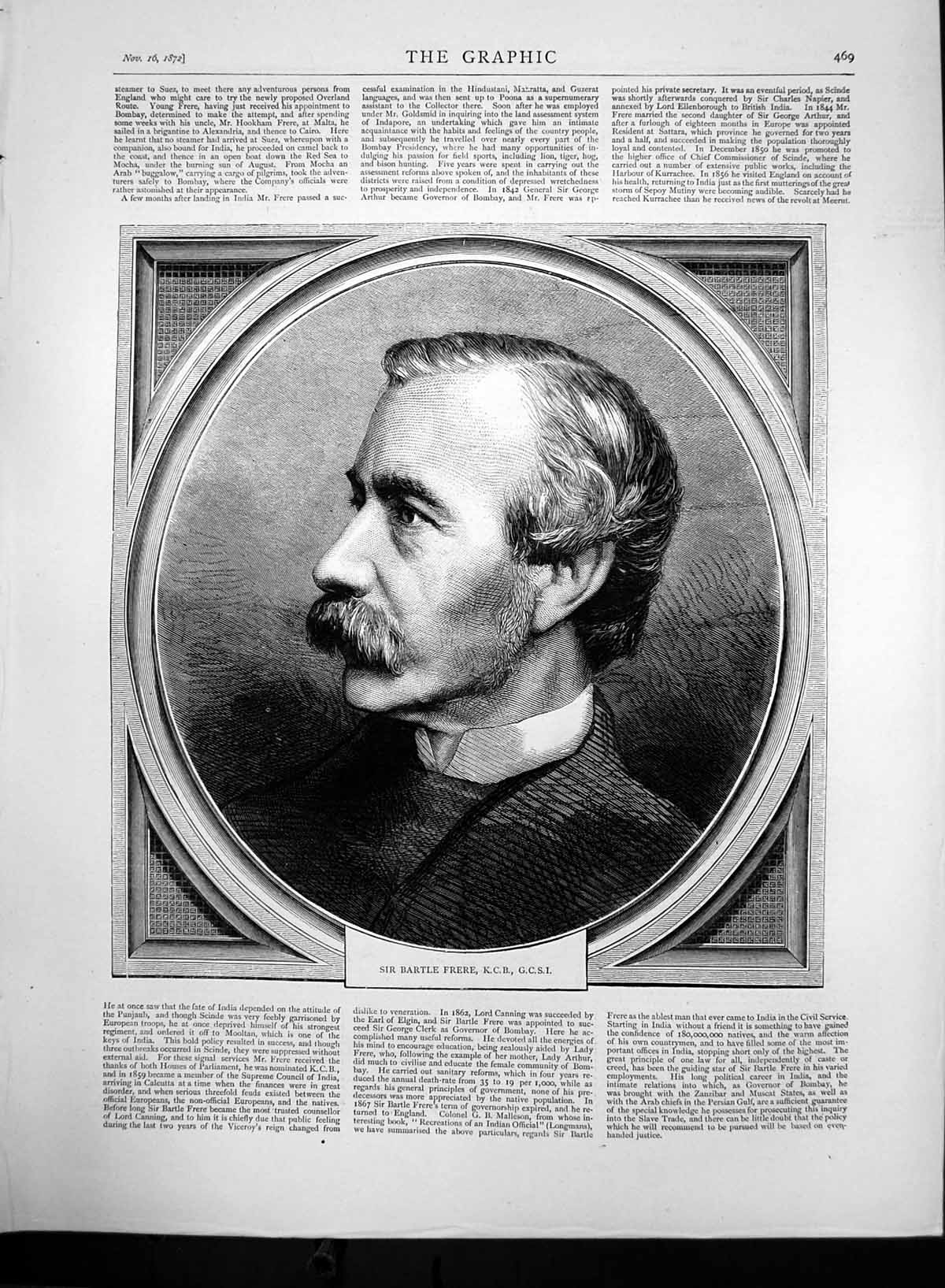 Original Old Antique Print Portrait Sir Bartle Frere K C B G C S I 1872 19th