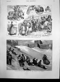 Antique Old Print Tobogganing Dover Pantomine Hm Crocodile Indian Ocean 1888