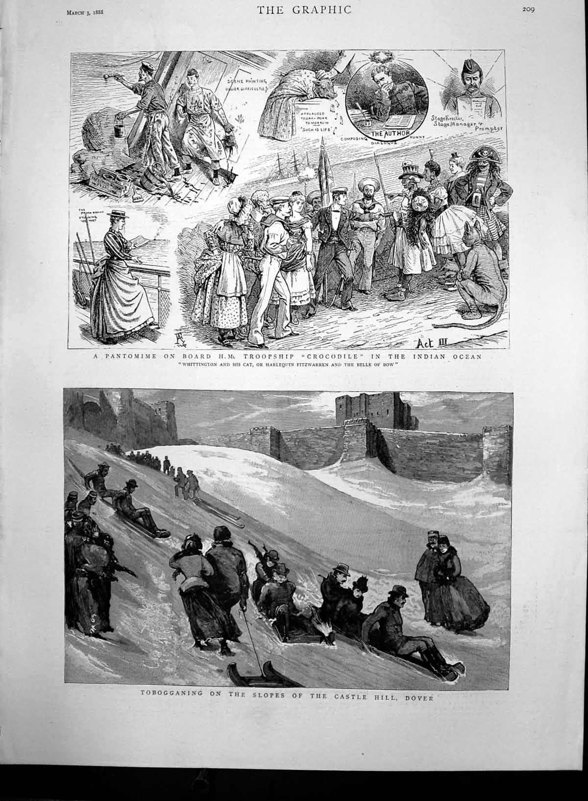 Antique Old Print Tobogganing Dover Pantomine Hm Crocodile Indian Ocean 1888