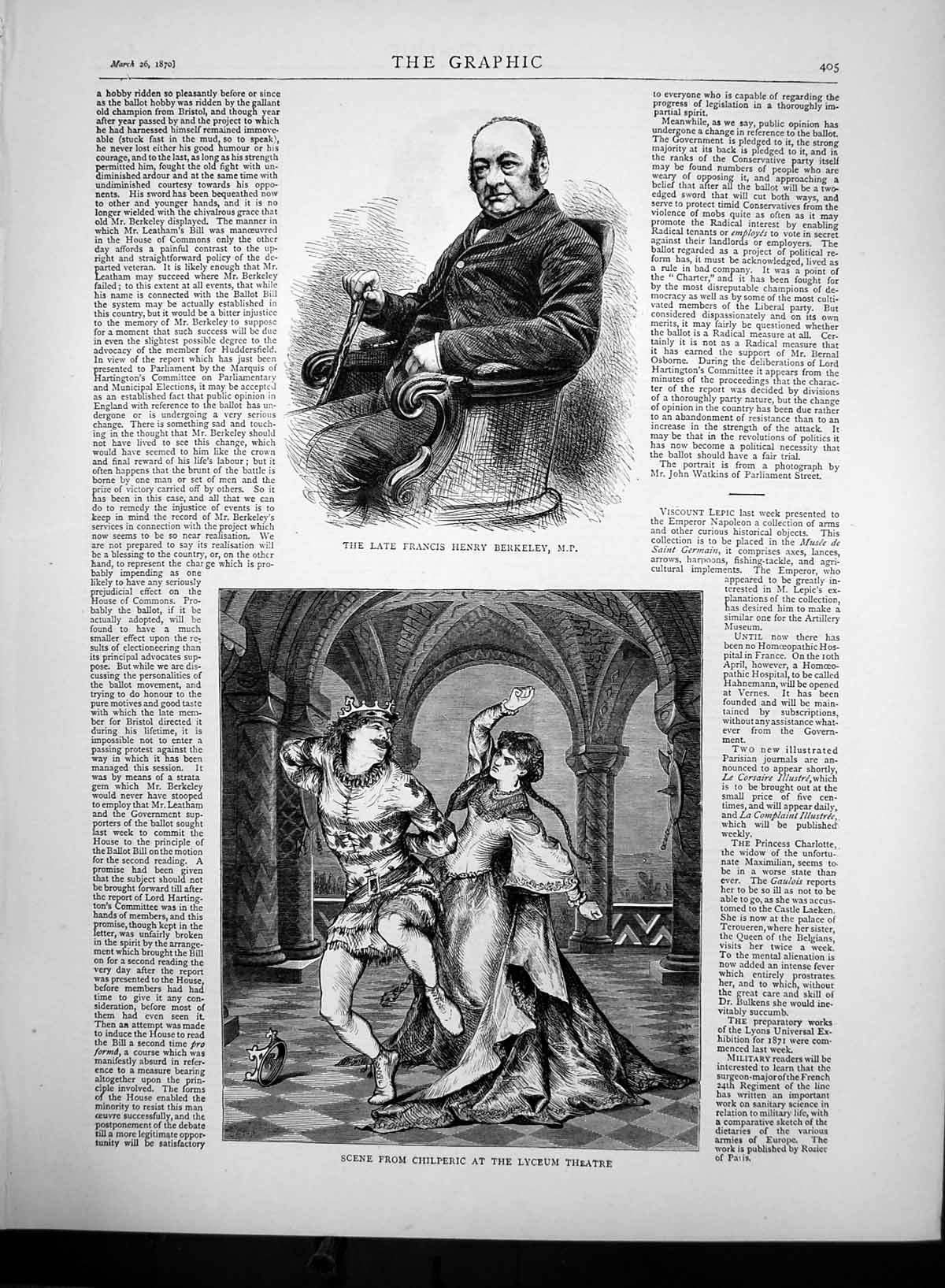 Antique Old Print Chilperic Lyceum Theatre Late Francis Henry Berkeleymp 1870