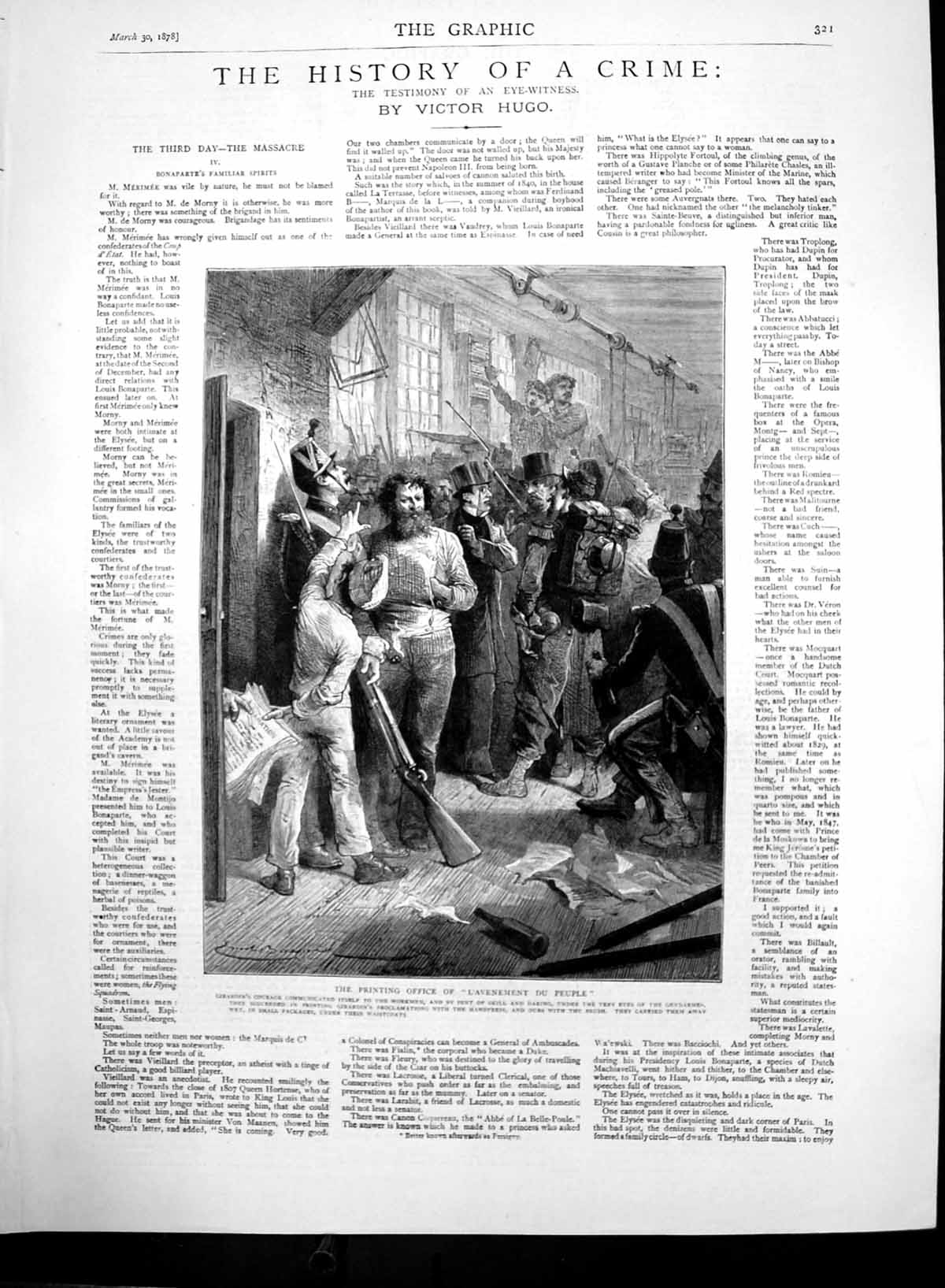 Original Old Antique Print History Crime Ing Office Lavenement Du Peuple 1878