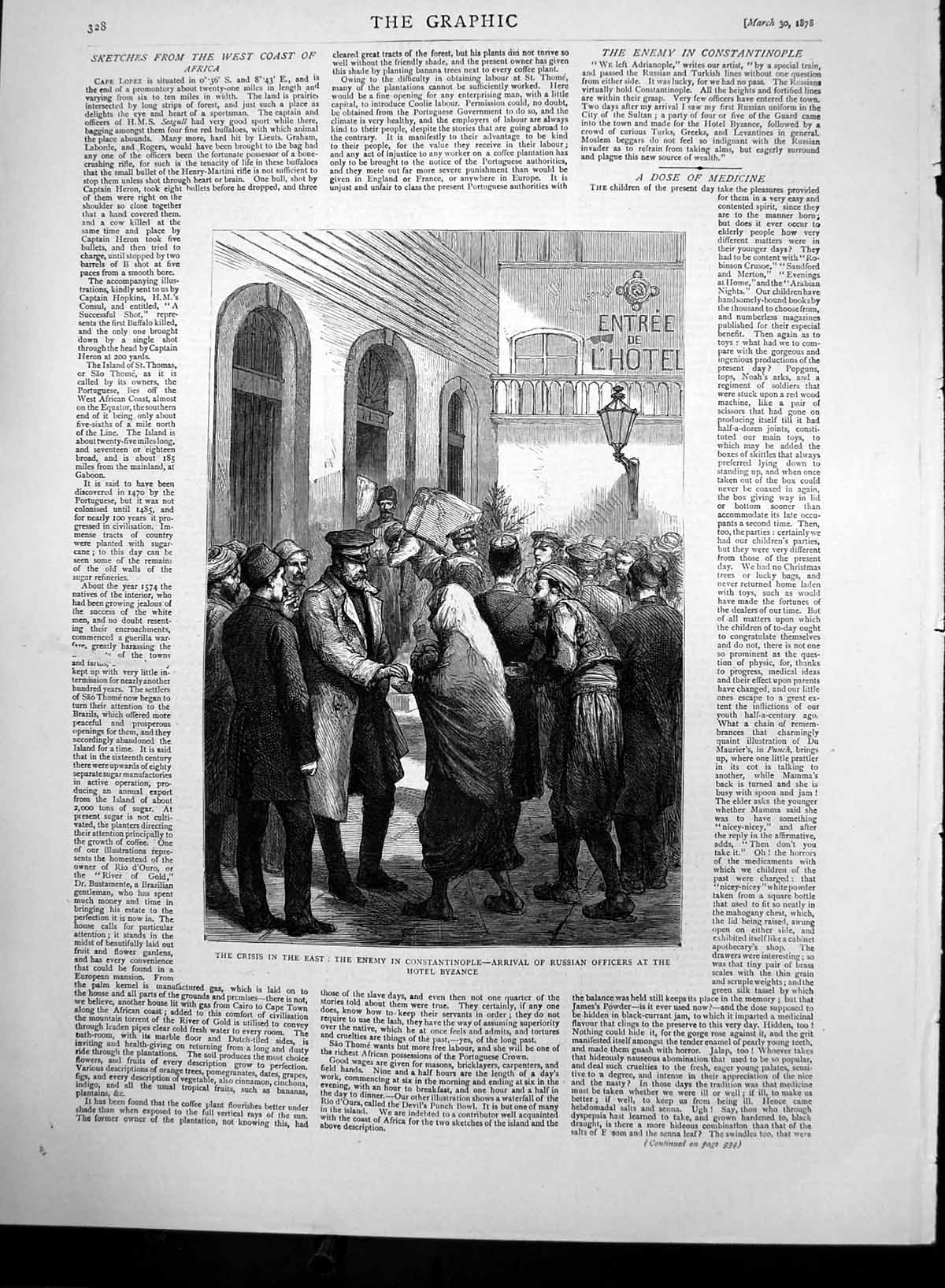 Old Antique Print Constantinople Russian Officers At Hotel Byzance 1878 19th