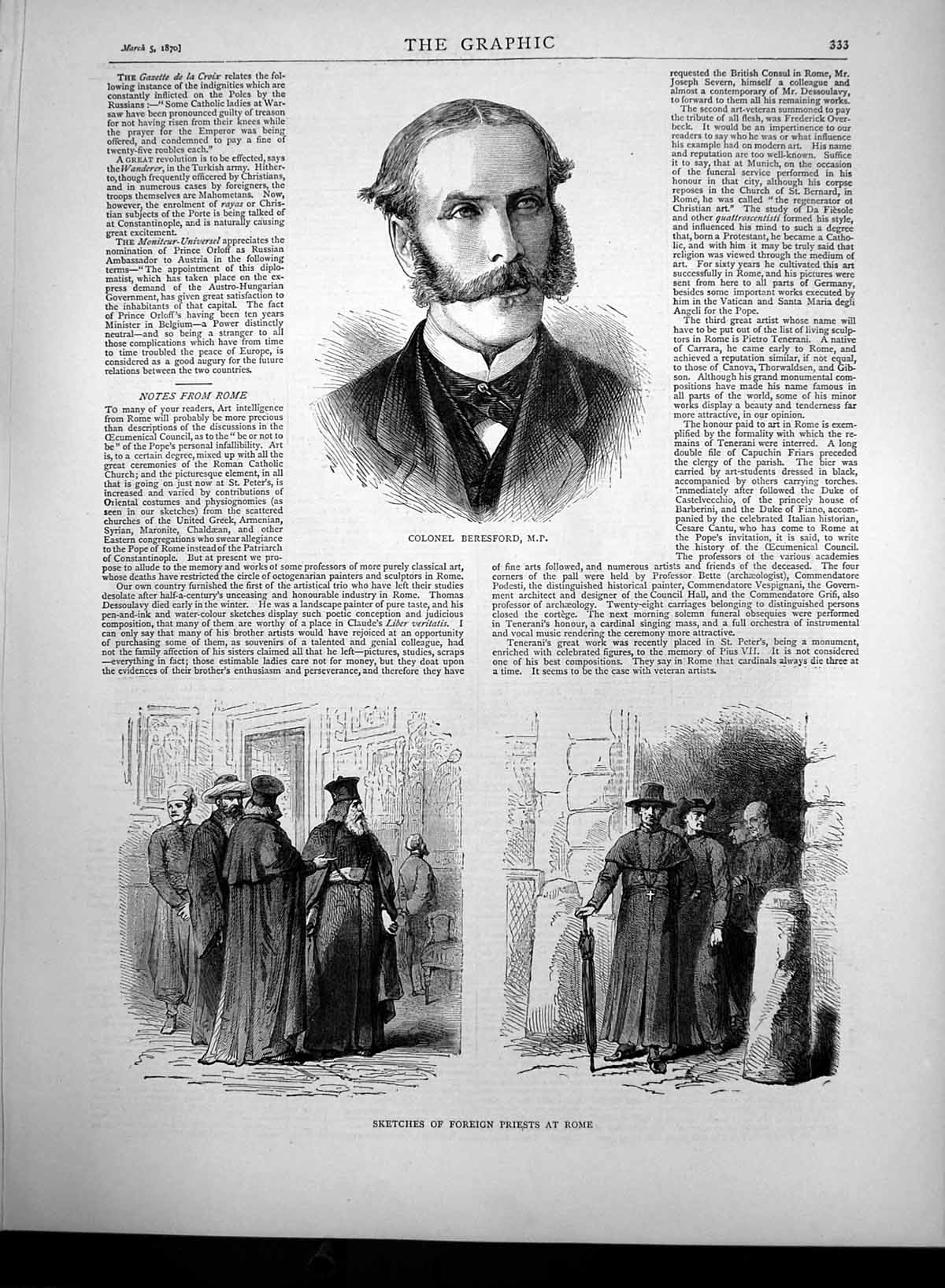 Original Old Antique Print Colonel Beresford Mp Foreign Priests Rome 1870 19th