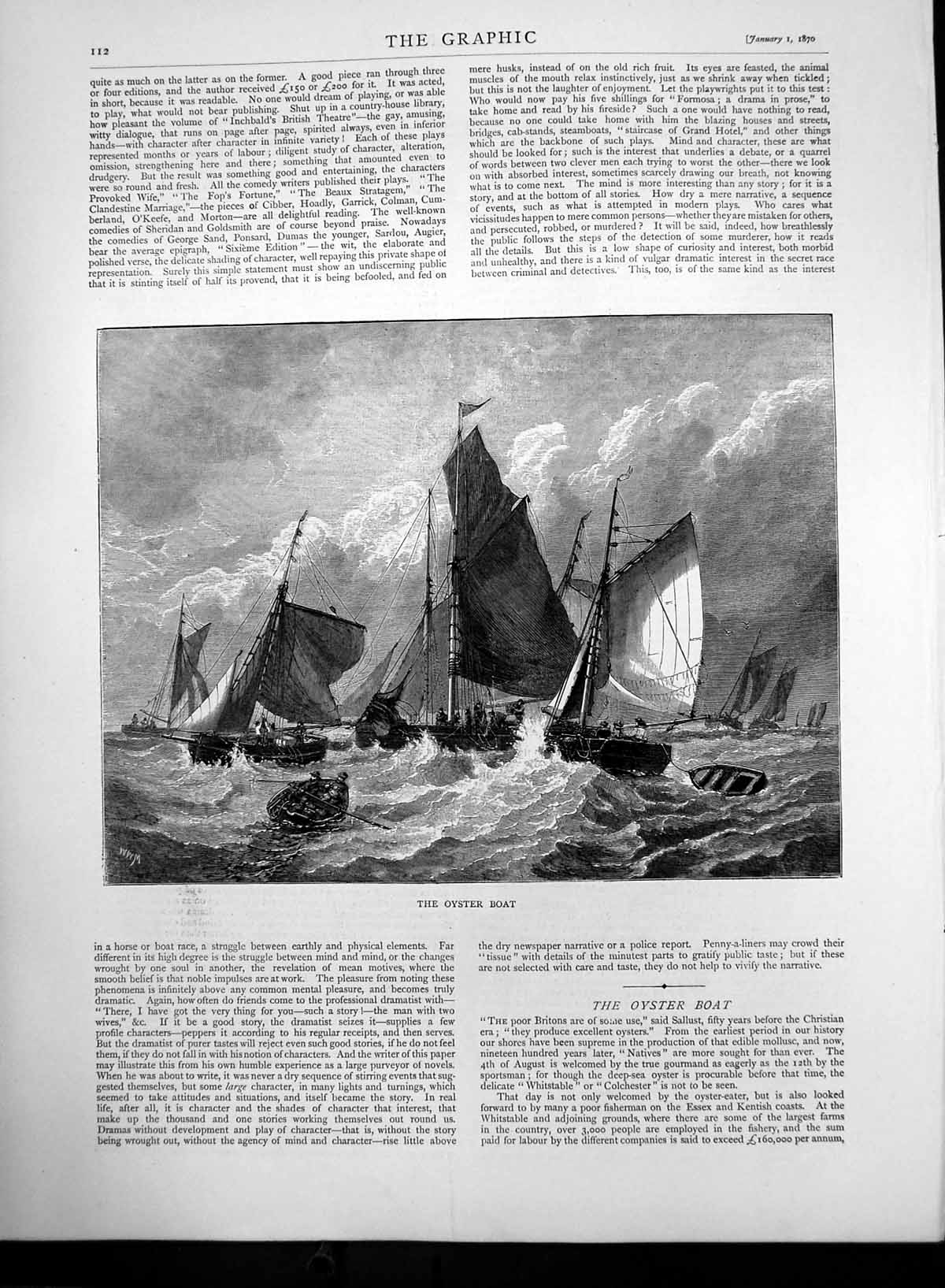 Old Antique Print The Oyster Boat In Rough Seas Essex Kentish Coasts 1870 19th