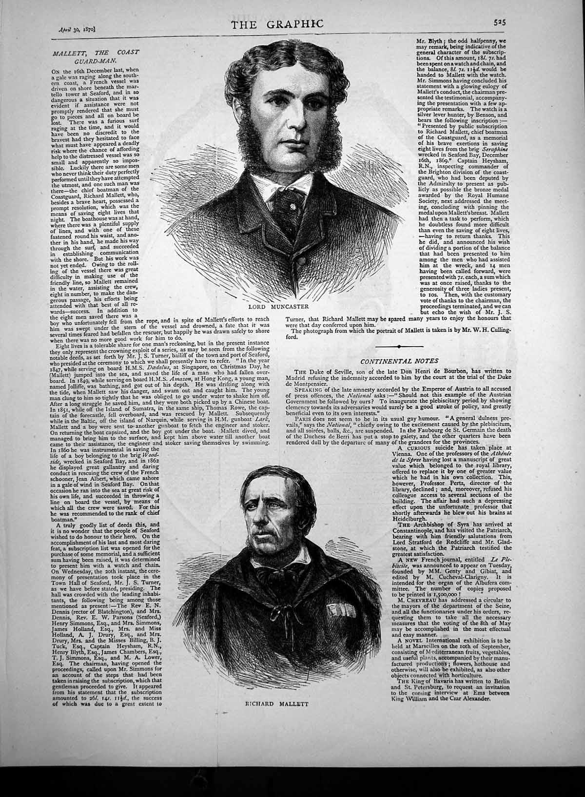 Original Old Antique Print Lord Muncaster Richard Mallet Coast Guard Man 1870