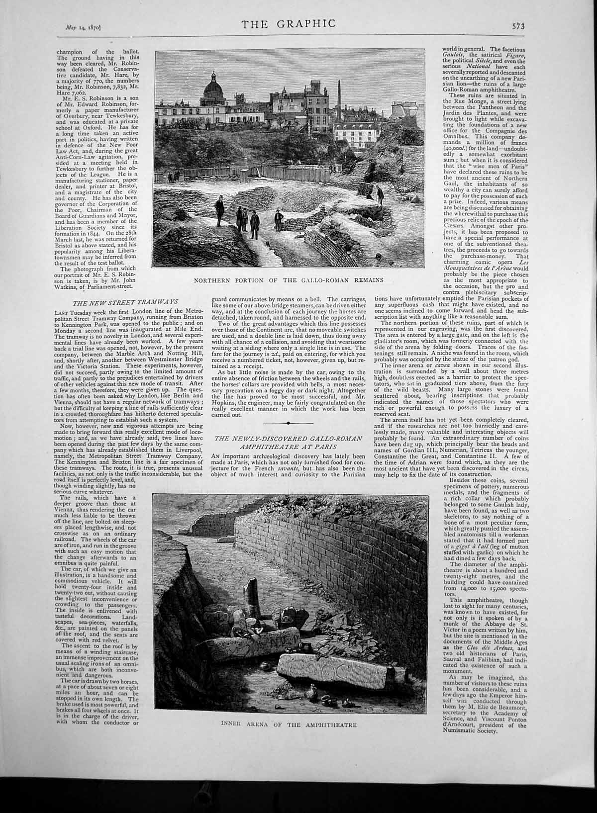 Old Antique Print Gallo Roman Remains Inner Arena Amphitheatre Paris 1870 19th