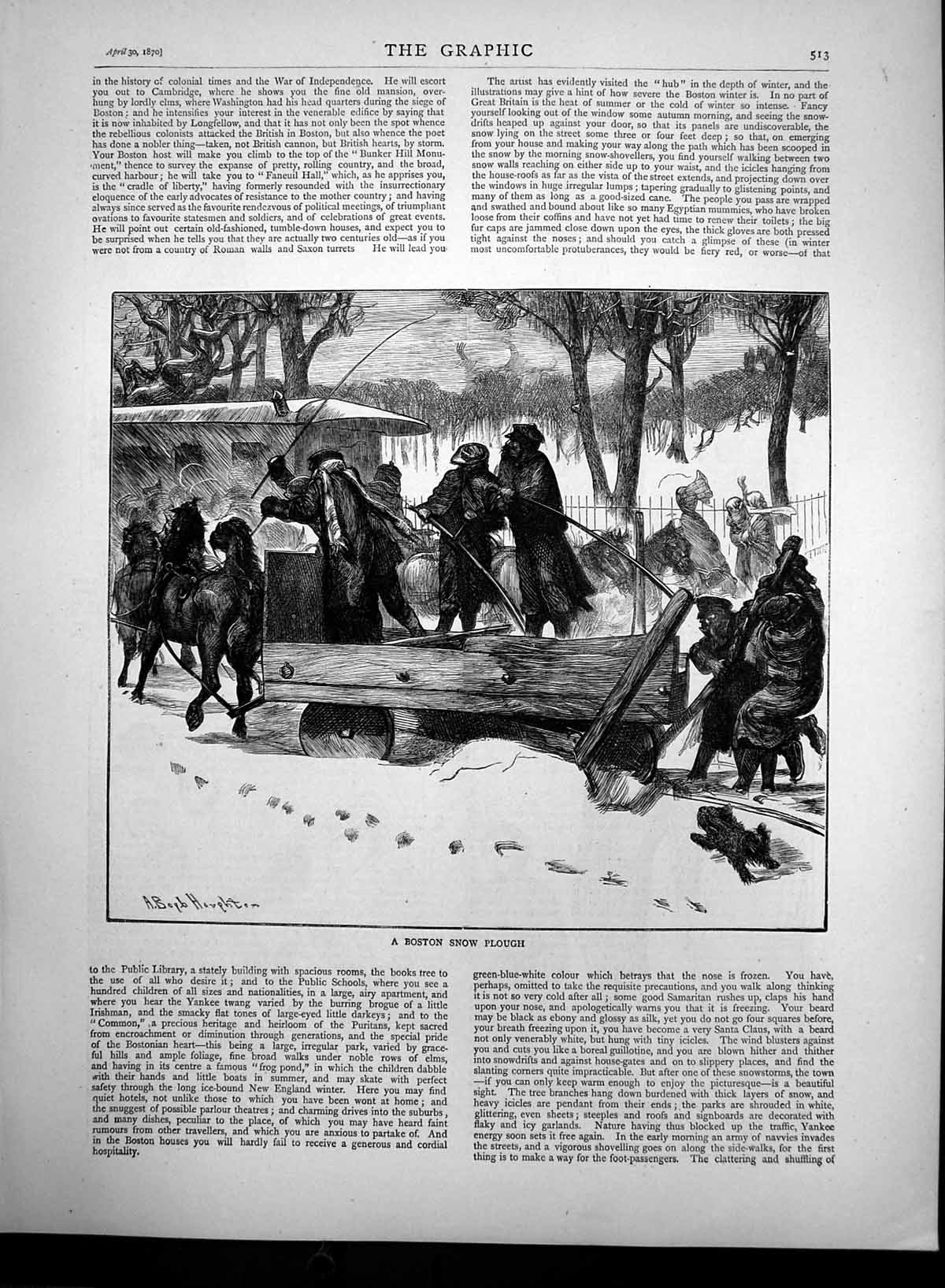 Original Old Antique Print Boston Snow Plough Horse Driven 1870 19th