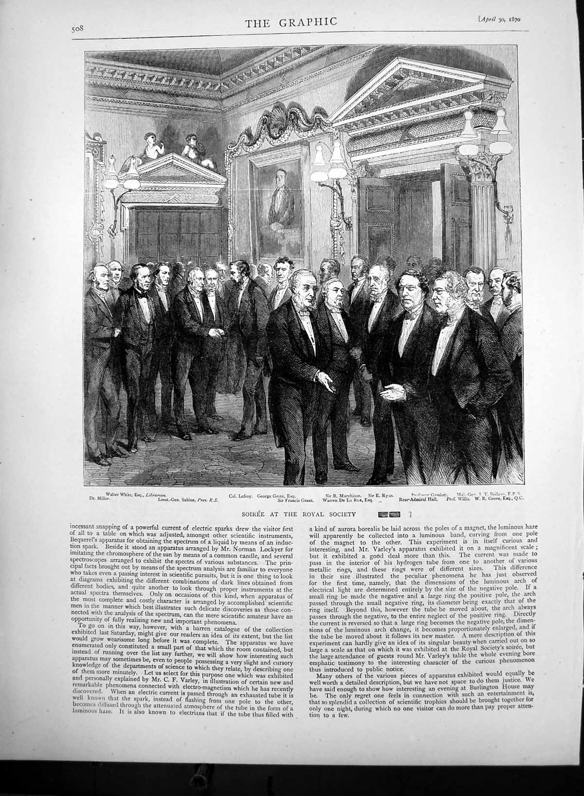 Original Old Antique Print Soiree Royal Society Rear Admiral Hall PrWillis 1870