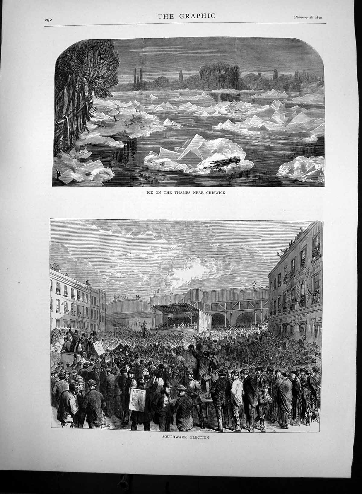 Original Old Antique Print Ice On Thames Chiswick Southwark Election Crowd 1870