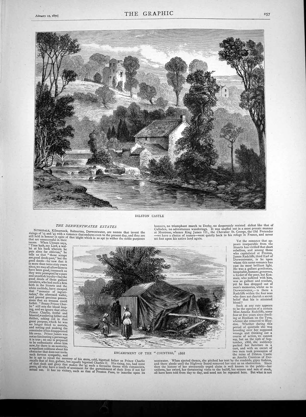 Original Old Antique Print Dilston Castle Encampment Countess 1868 1870 19th