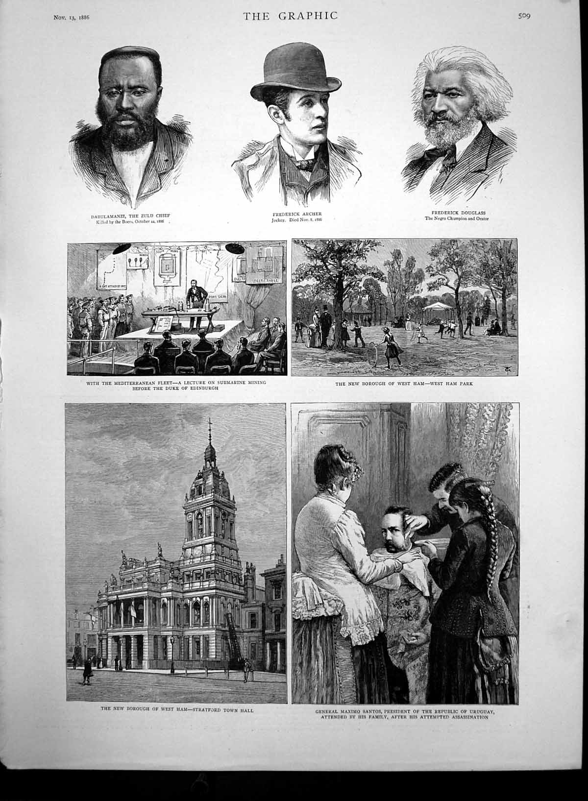 Antique Old Print West Ham Park Stratford Town Hall Gen Maximo Santos 1886 19th