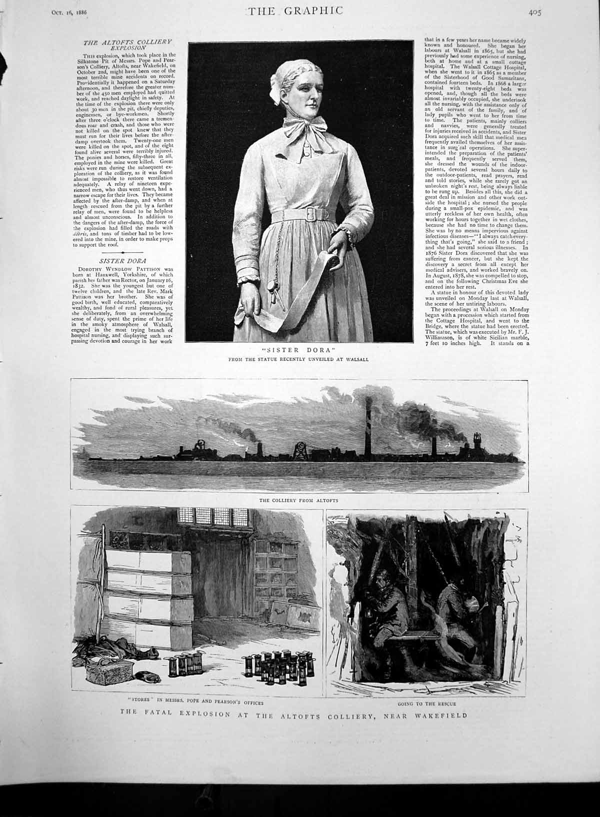 Old Antique Print Sister Dora Statue Walsall Fatal Explosion Altofts 1886 19th