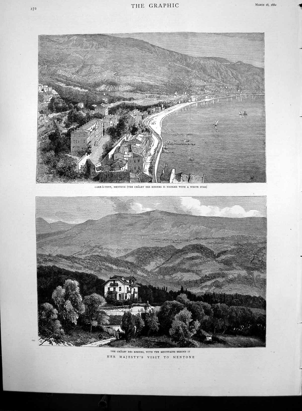 Original Old Antique Print Chalet Des Rosiers Gare A Vent Mentone 1882 19th