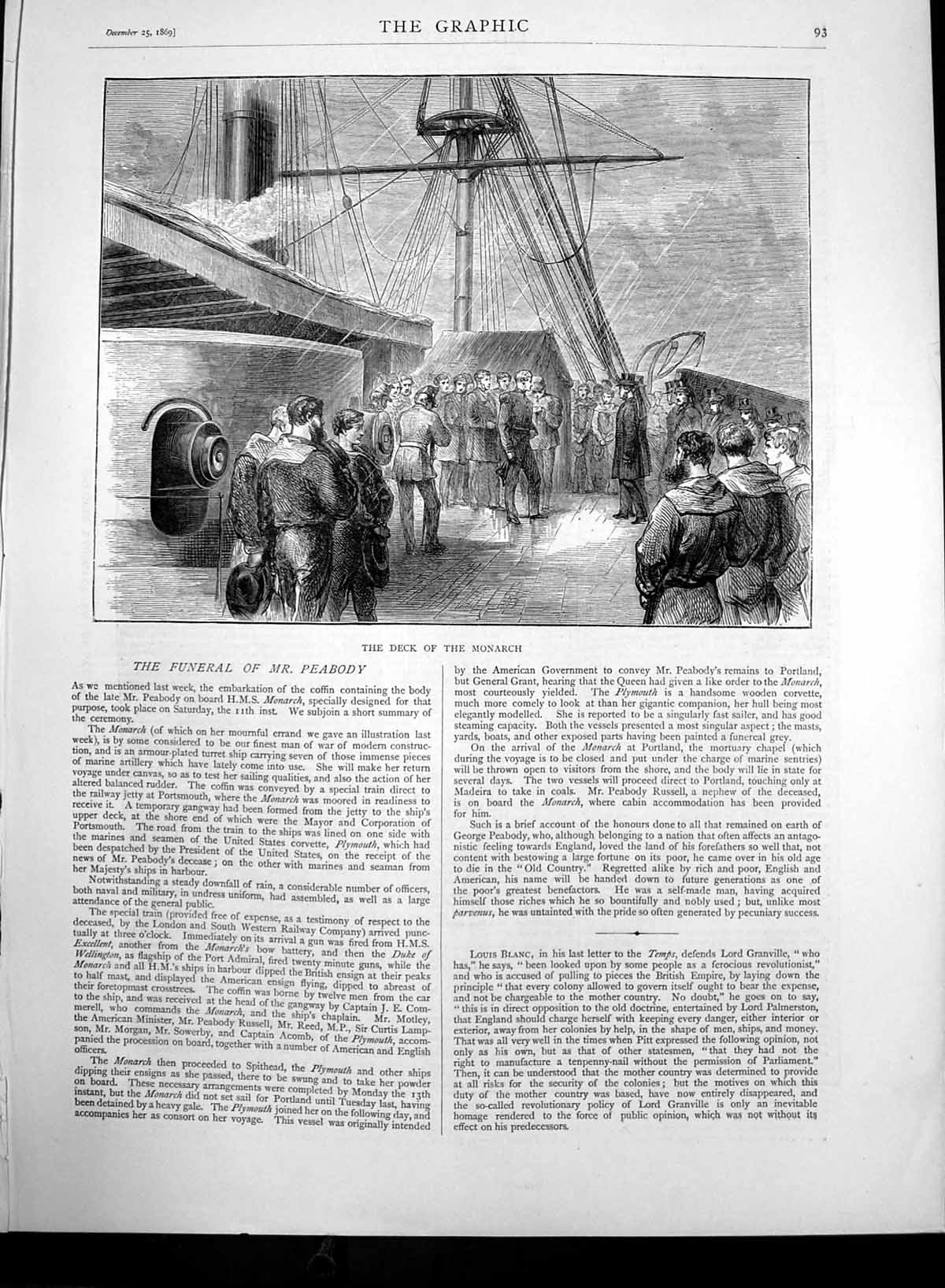 Original Old Antique Print Funeral Mr Peabody Deck Monarch 1869 19th