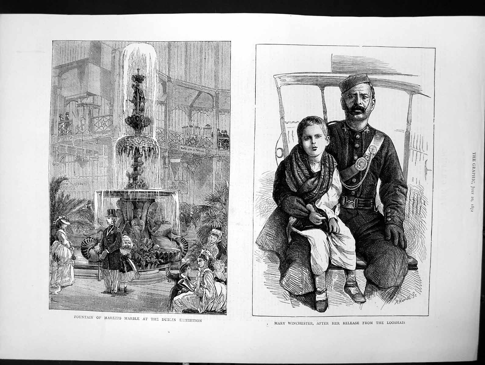Old Print Fountain Marezzo Marble Dublin Exhibition Mary Winchester 1872 19th