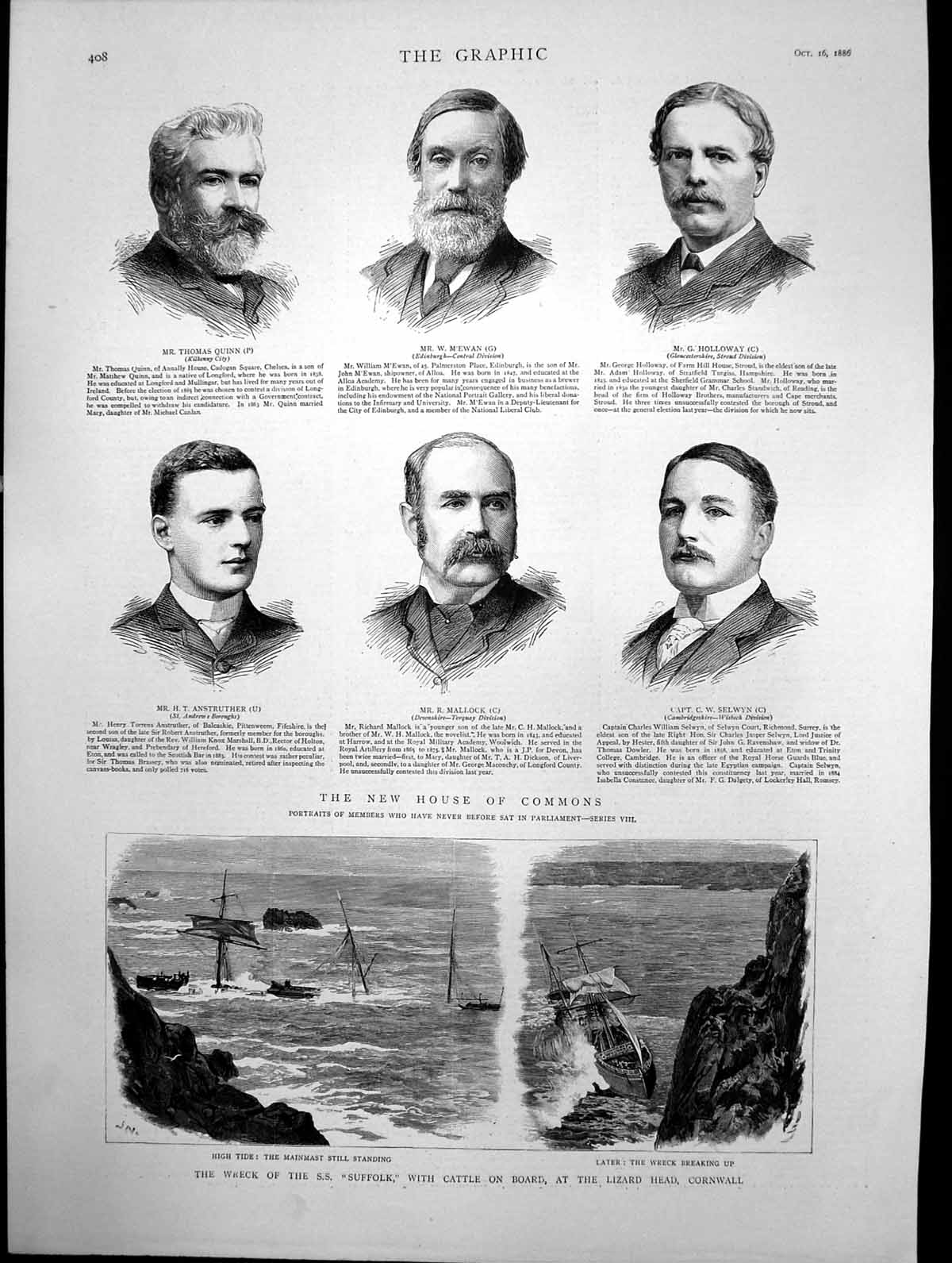 Antique Print Wreck Ss Suffolk Cornwall New House Commons Quinn Selwyn 1886