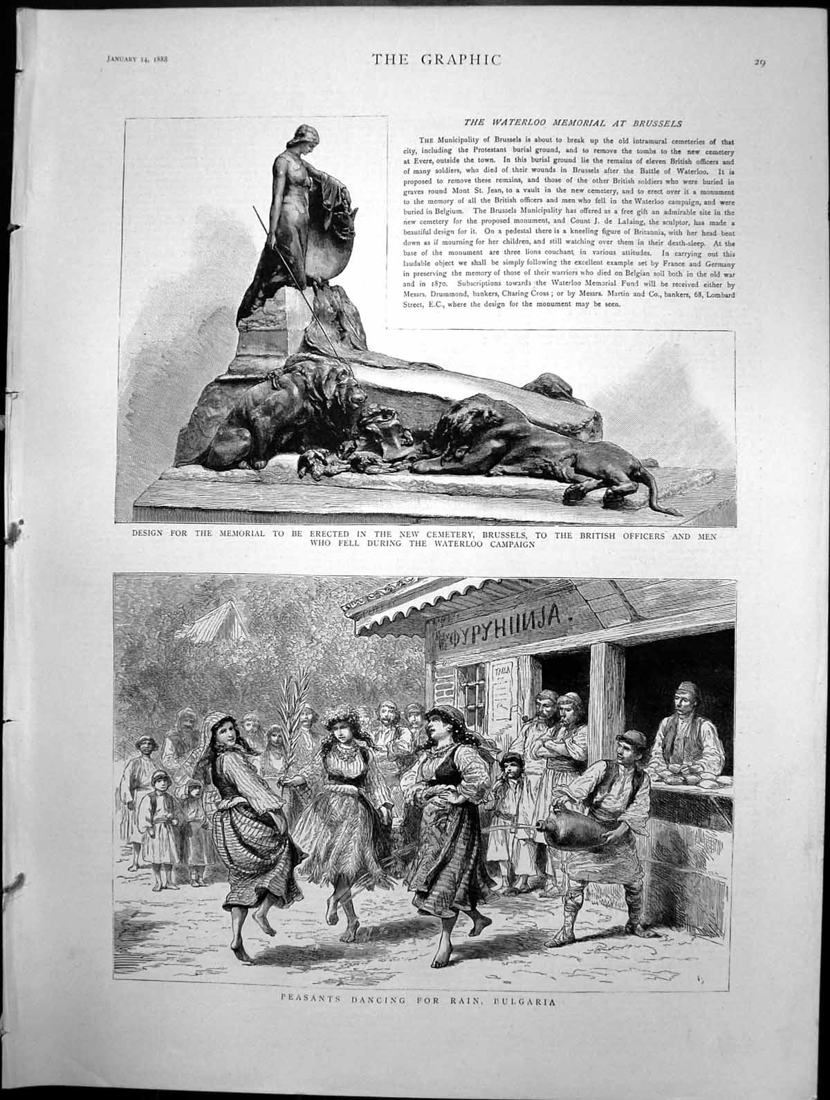 Old Memorial Men Fell Waterloo Brussels Peasants Dancing Bulgaria1888 Victorian