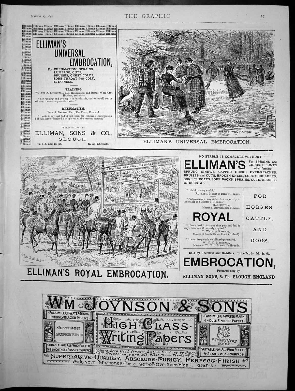 Antique Old Print Advert Ellimans Embrocation Wm Joynson Writing Papers 1891
