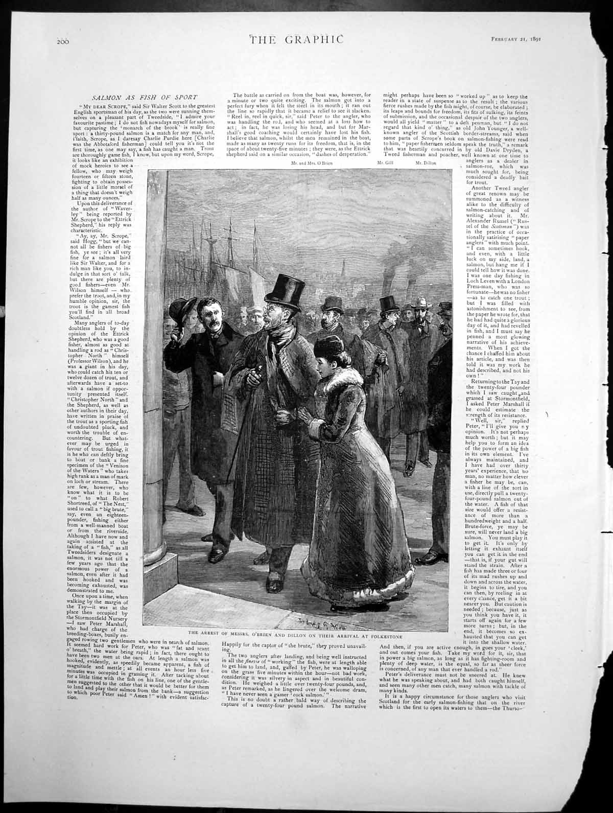 Original Old Antique Print Arrest Messrs O'Brien Dillon Arrival Folkestone 1891