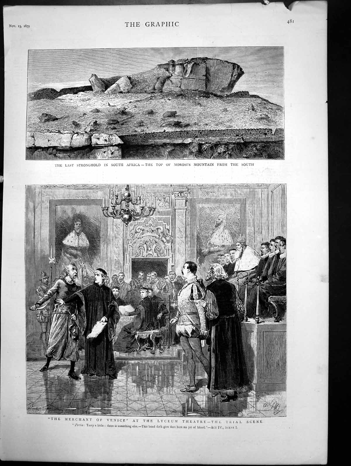 Antique Old Print Last StronghS Africa Morosis Mountain Merchant Venice 1879