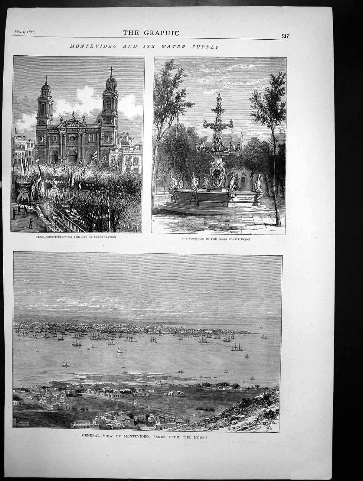Antique Print Montevideo Water Supply Plaza Constitution Inauguration 1871 19th