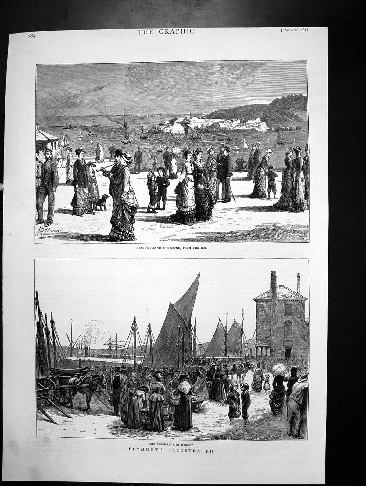 Old Print Plymouth Barrican Fish Market Drakes Island Sound From Hoe 1878 19th