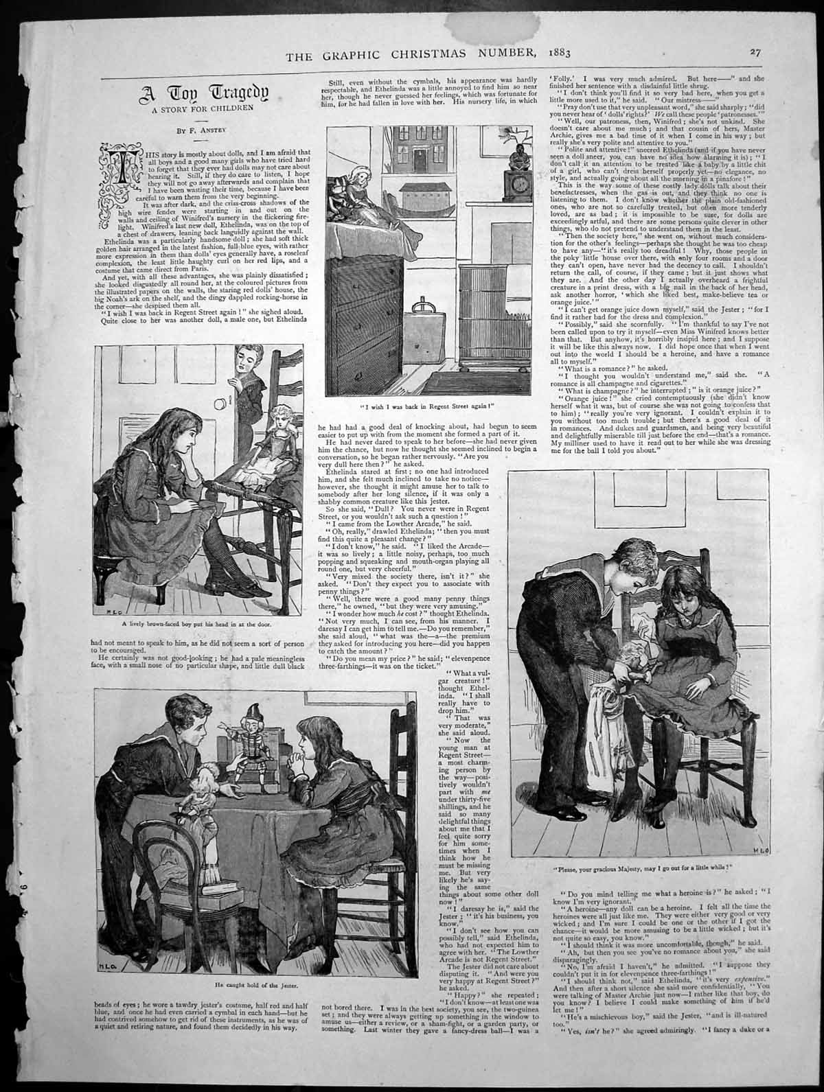 Old Antique Print Toy Tragedy Boy Door Caught HJester Wants Go Out 1883 19th