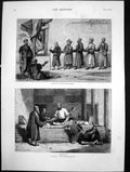 Original Old Antique Print Cabul Kuttar String Blind Beggars Kabob Shop 1879