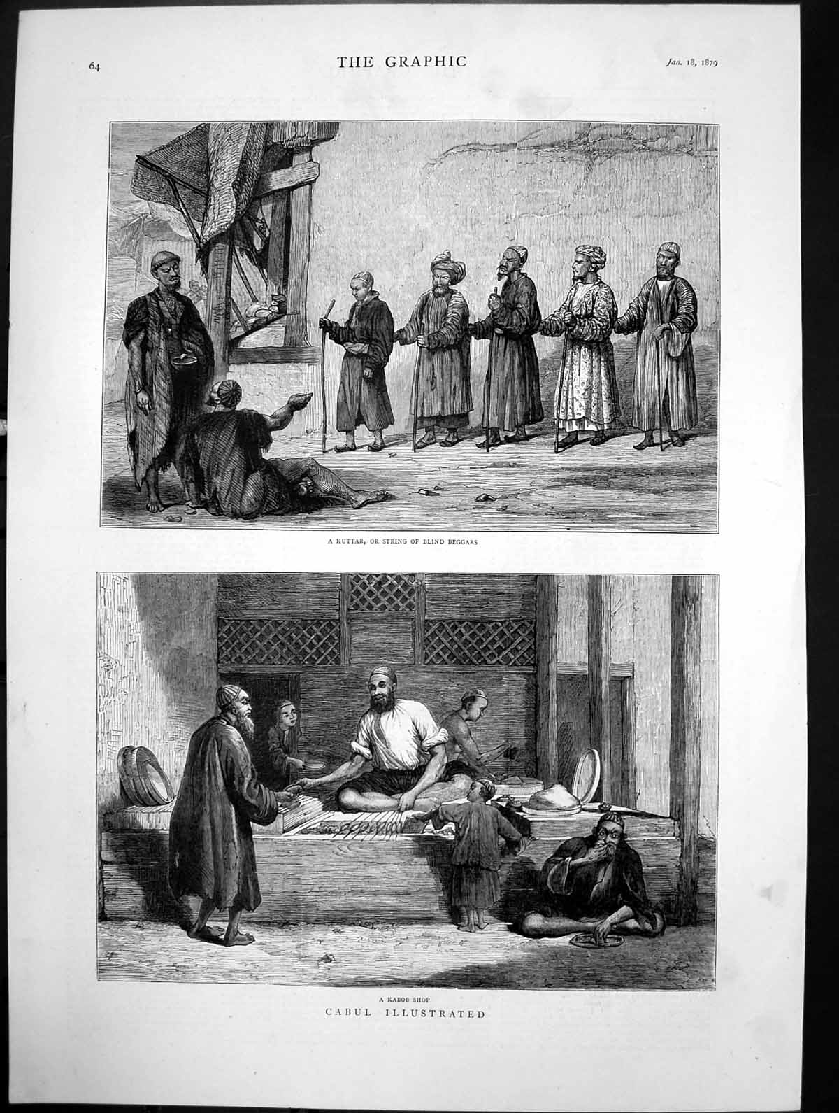 Original Old Antique Print Cabul Kuttar String Blind Beggars Kabob Shop 1879
