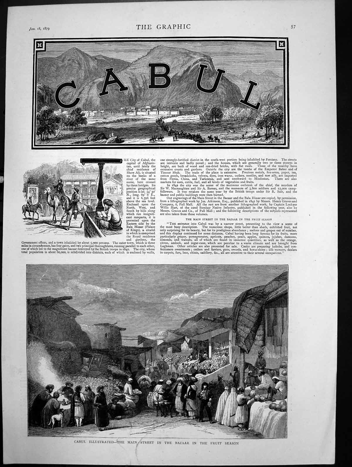 Antique Old Print Cabul Main Street Bazaar Fruit Season Camels Traders 1879