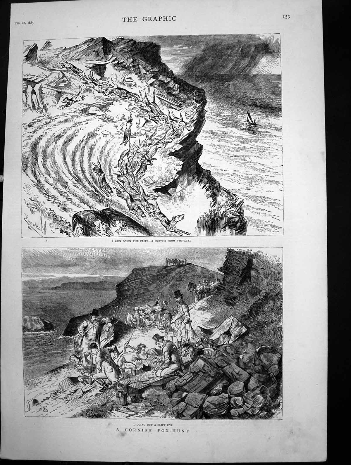 Antique Print Cornish Fox Hunt Run Down Cliff Tintagel Digging Out Fox 1883