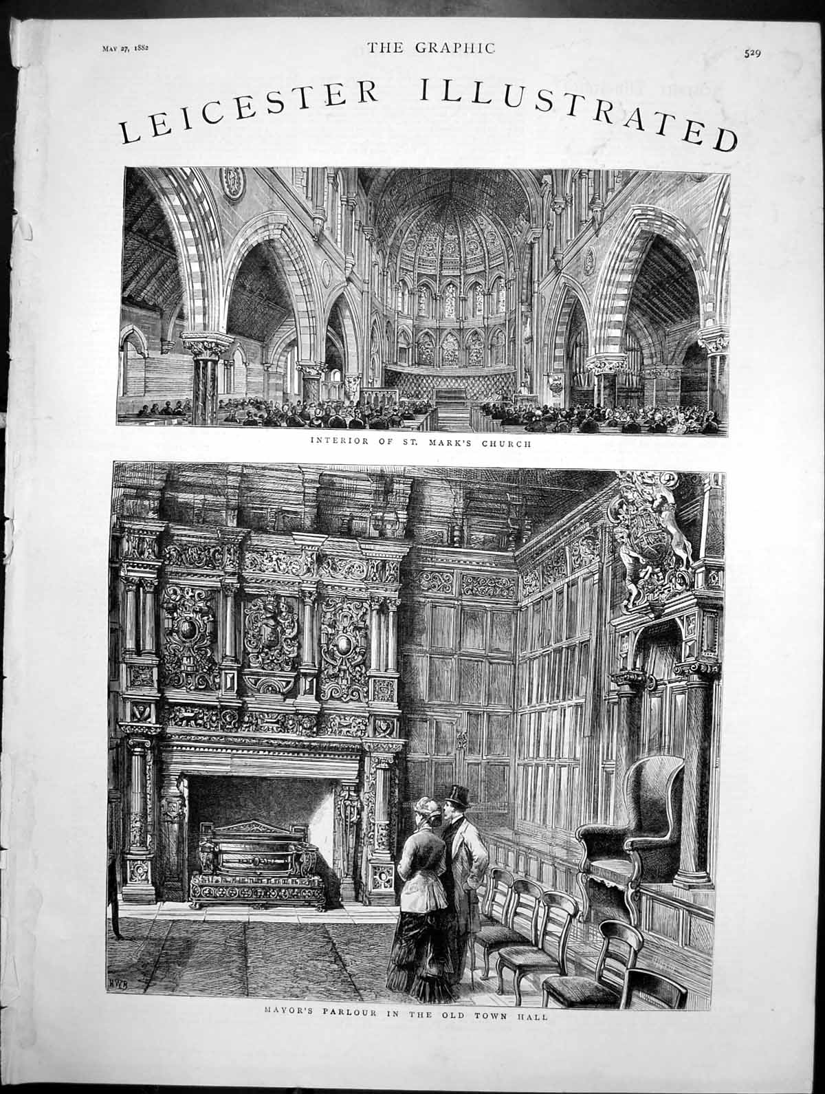 Antique Print Leicester Interior St Marys Church Mayors Parlour Town Hall18