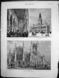 Old Print Hull Holy Trinity Church Interior Nave Exterior Town Hall 1882 19th