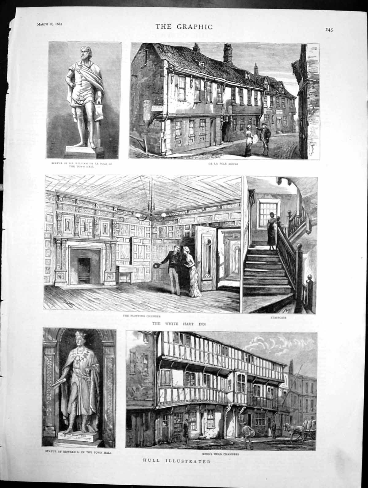 Antique Print Hull Kings Head Chambers Statue William De La Pole House 1882