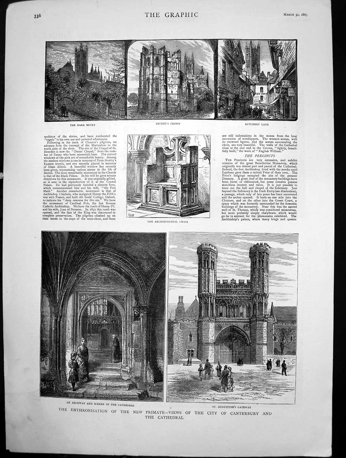 Old Print Enthronisation Primate Canterbury Cathedral Beckets Crown 1883 19th