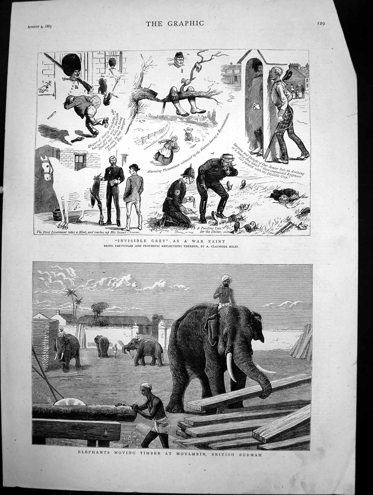 Antique Old Print Elephants Moving Timber Moulmein Burmah Grey War Paint 1883