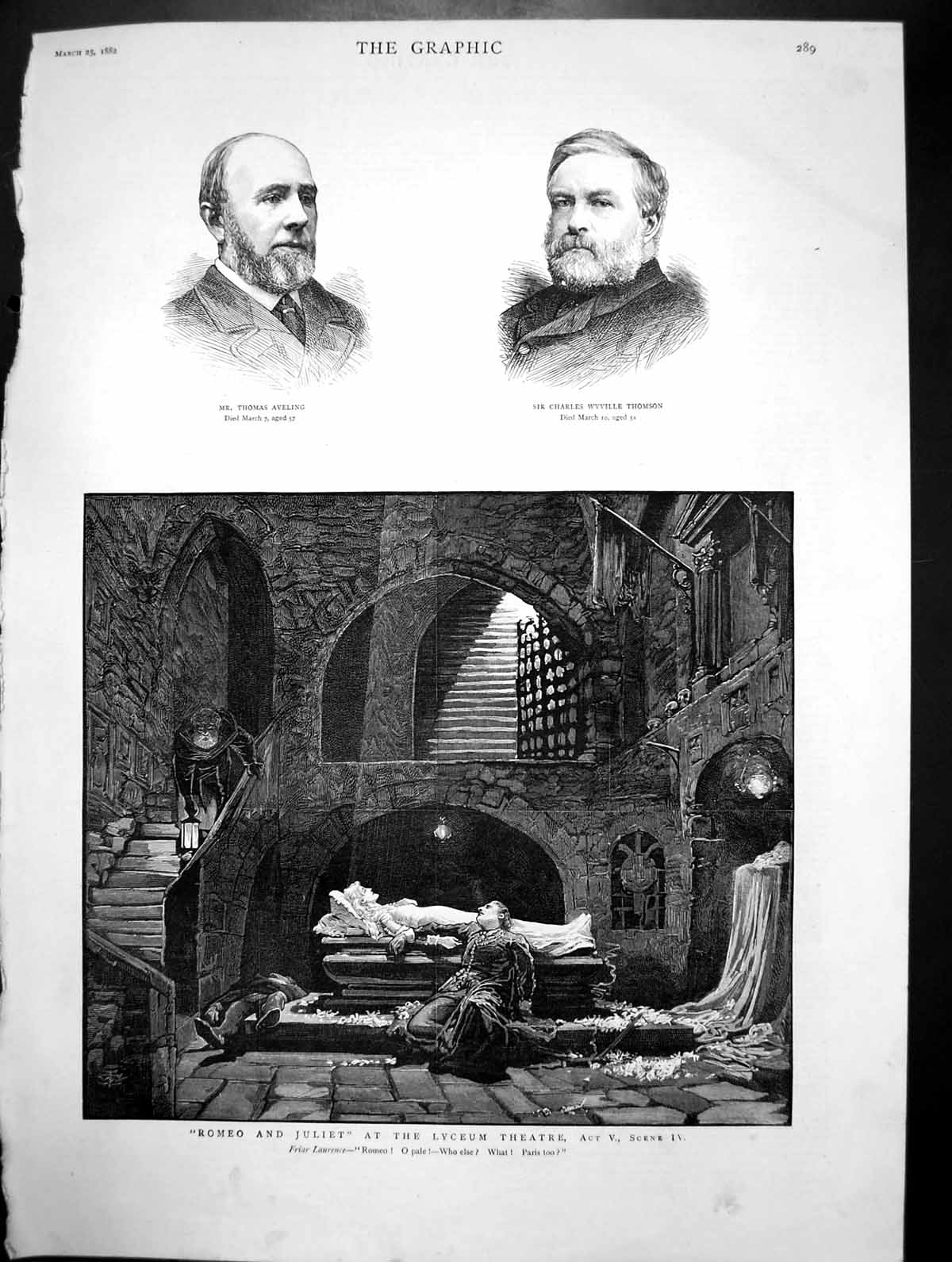Old Romeo Juliet Lyceum Deaths Thomas Aveling Sir Charles Thomson1882 Victorian