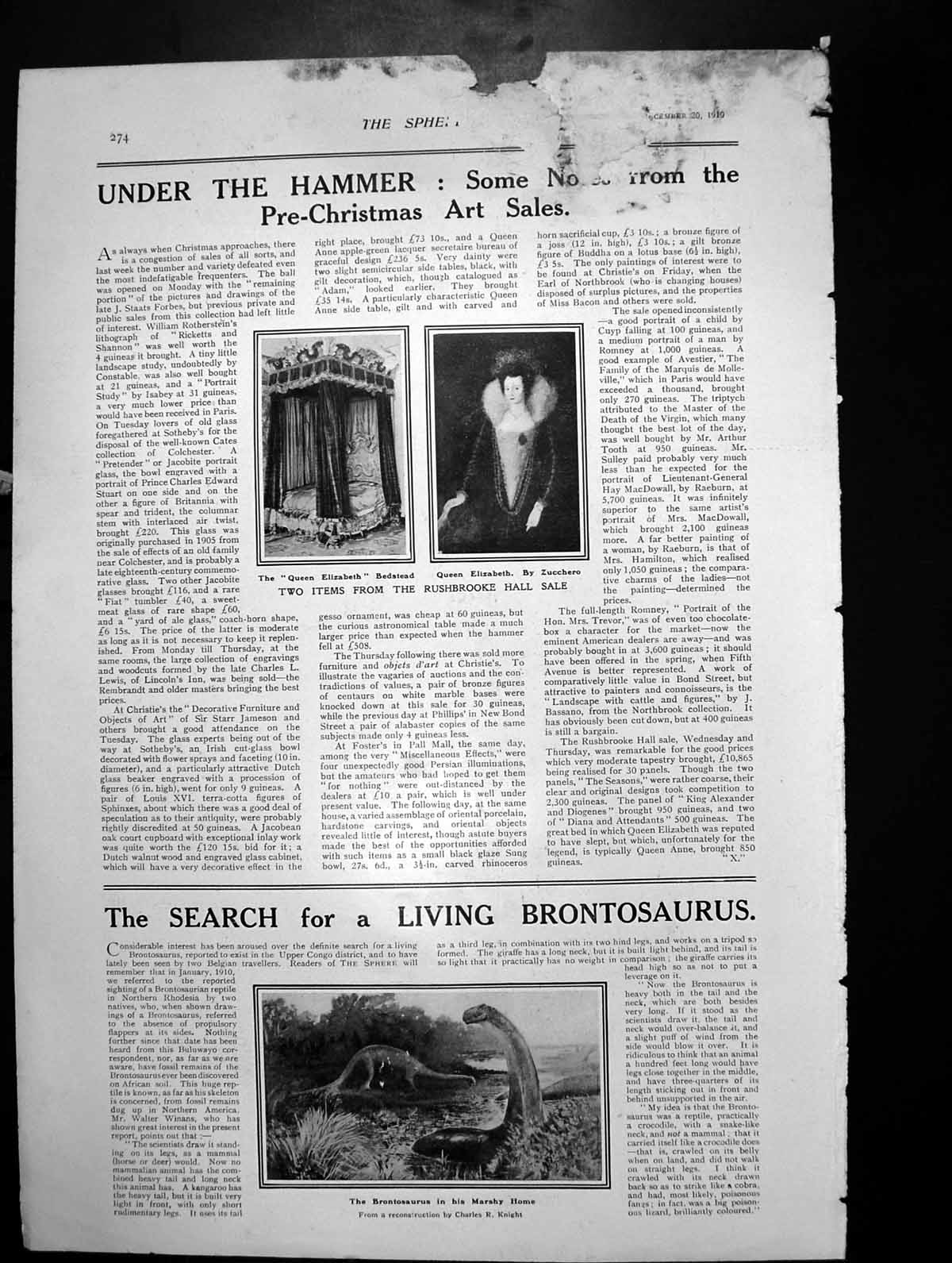 Antique Print Queen Elizabeth Bedstead Portrait Zucchero Brontosaurus 1919 20th