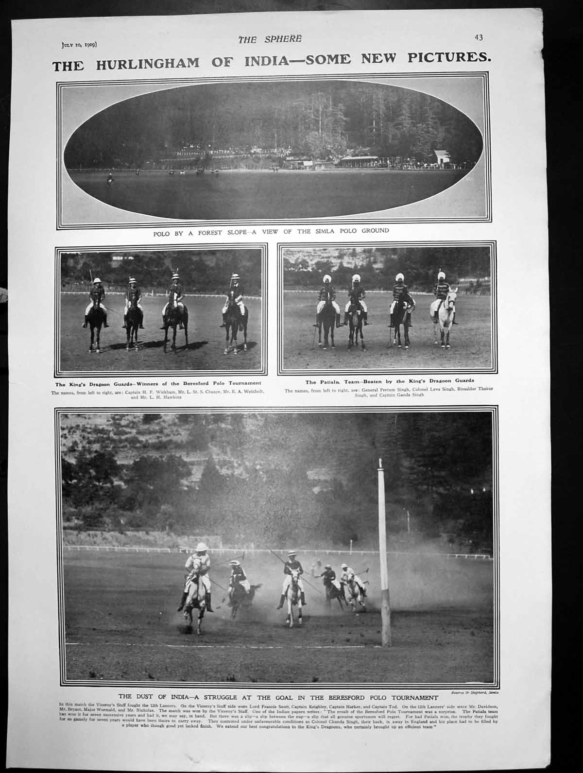 Old Antique Print Beresford Polo Tournament India Simla Polo Ground 1909 20th