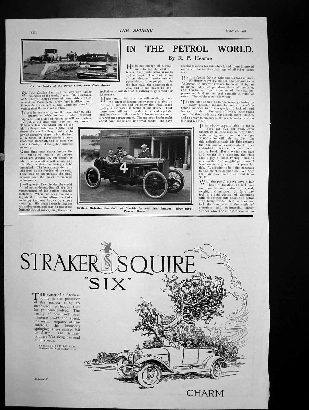 Antique Print Malcolm Campbell Brooklands Blue Bird Car Straker Squire 1920