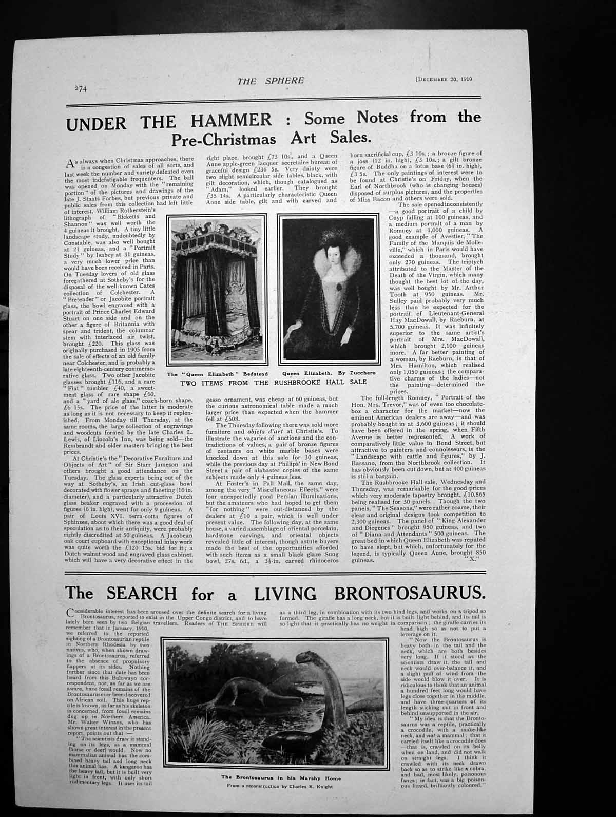 Old Print Art Sale Rushbrooke Queen Elizabeth Bedstead Brontosaurus 1919 20th