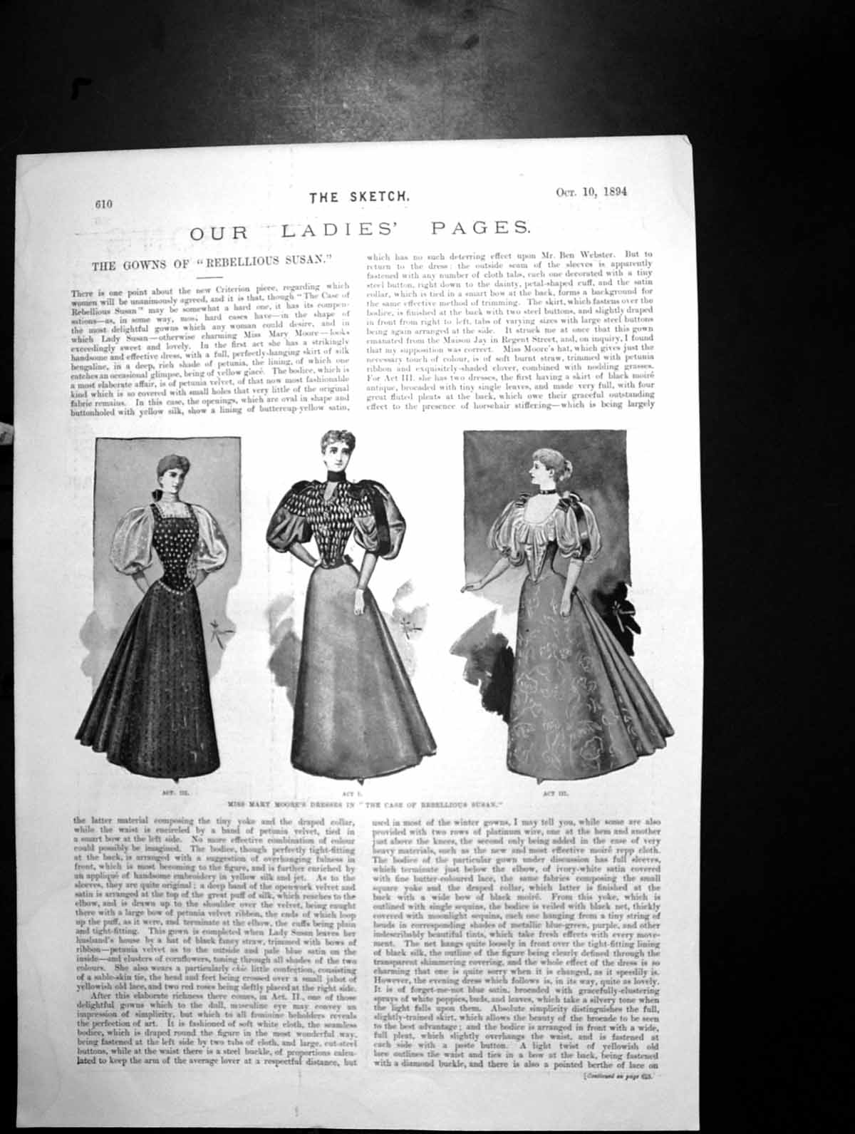 Original Old Antique Print Miss Mary Moores Dresses Case Rebellious Susan 1894