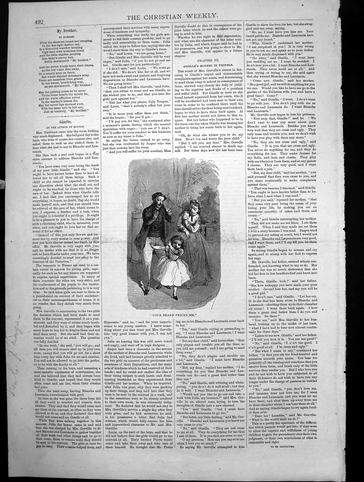 Original Old Antique Print Woman Man Child Turns Away Your Beard Pricks Me
