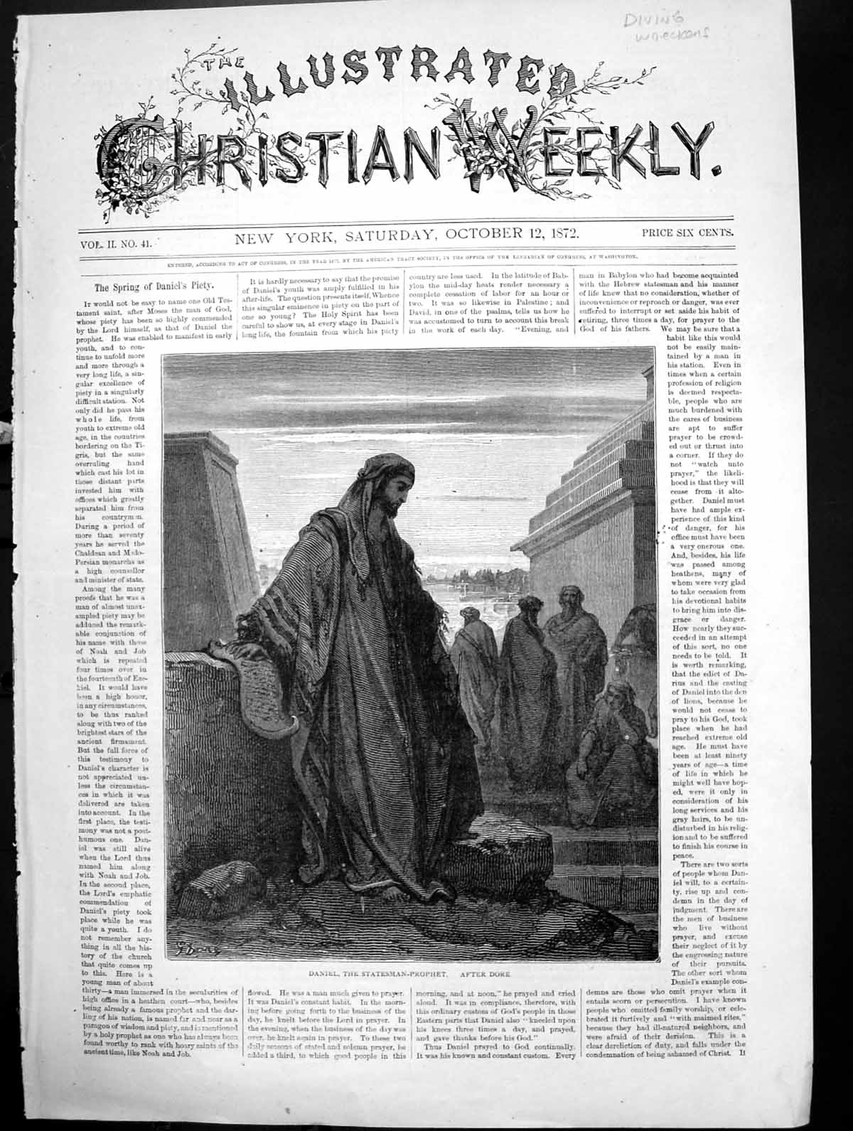 Antique Old Print Daniel Statesman-Prophet After Dore Christian Weekly 1872