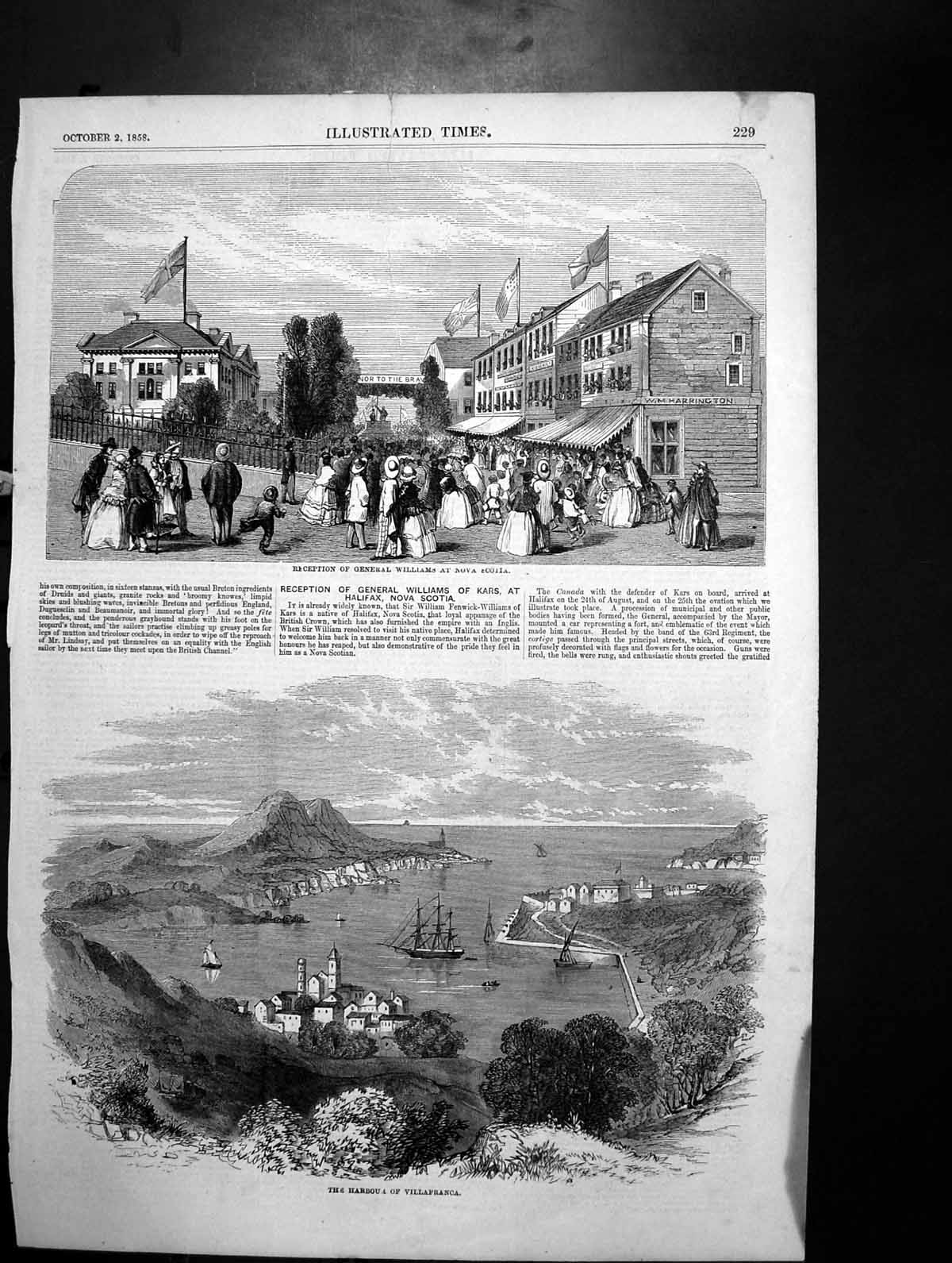 Old Print Reception General Williams Nova Scotia Harbour Villafranca 1858 19th
