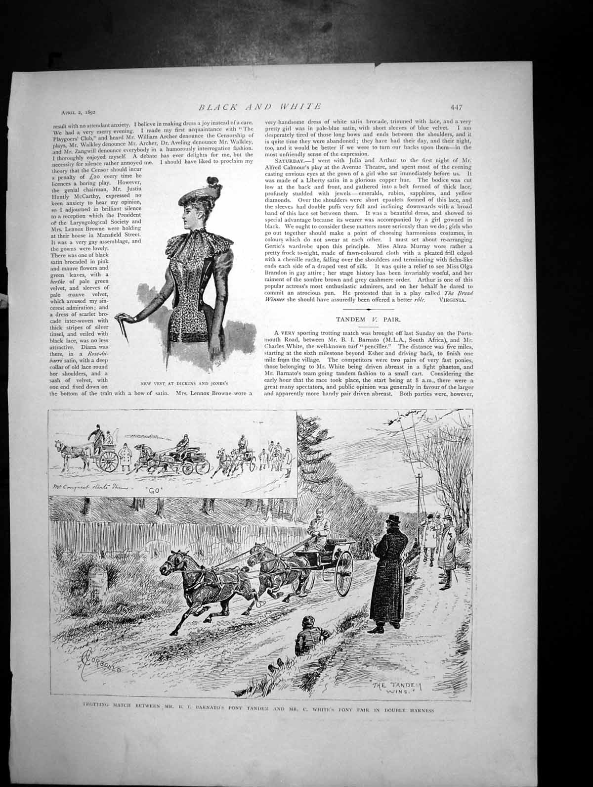Old Print New Vest Dickins Jones Trotting Match Pony Tandem C White 1892 19th