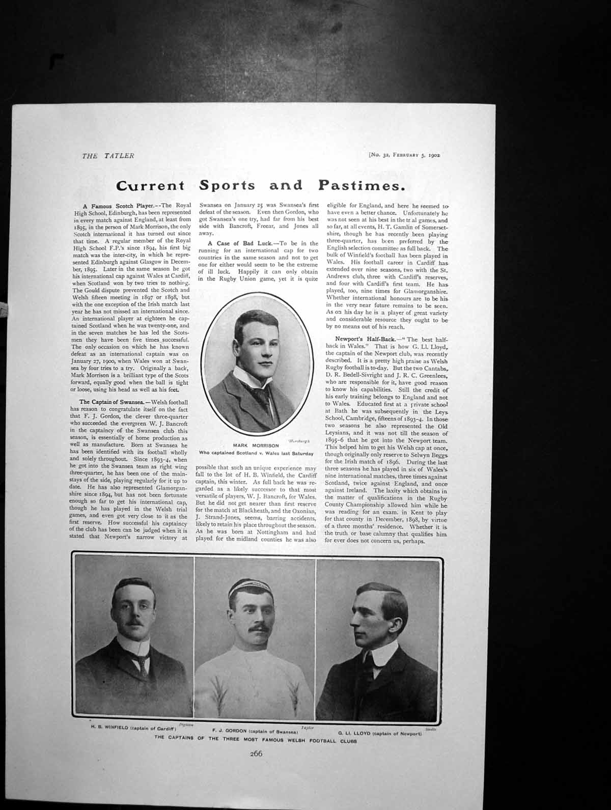 Old Mark Morrison Winfield Gordon Lloyd Captains Welsh Football 1902 20th