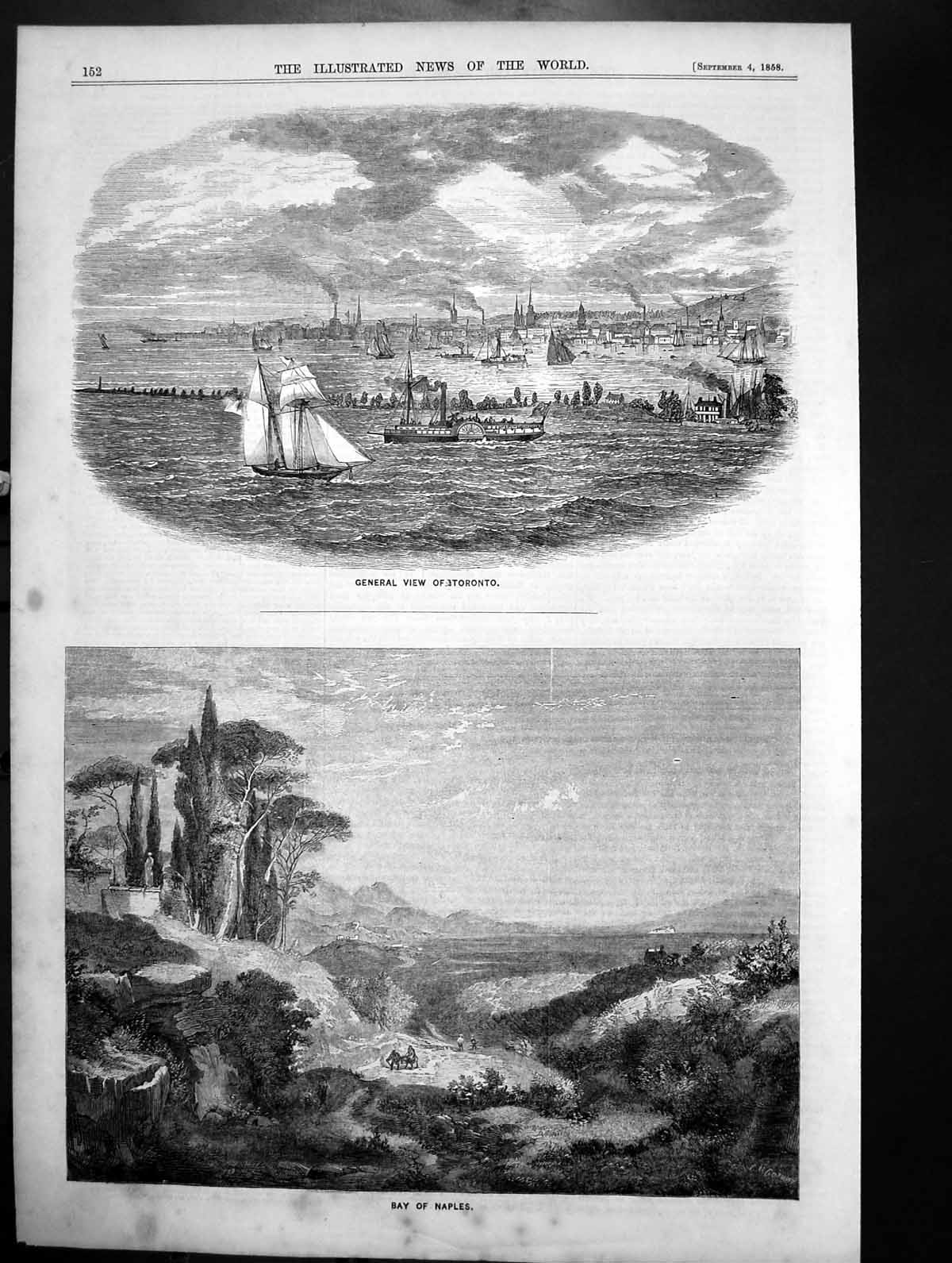 Original Old Antique Print General View Toronto Ships Bay Bay Naples 1858 19th